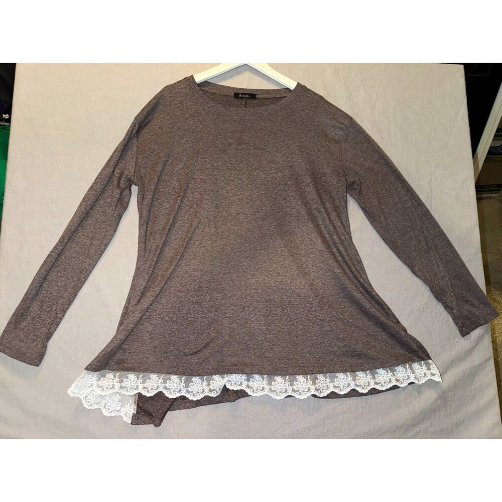 Sanifer Women’s Gray Long Sleeve Knit Lace Hem Pullover Top 2XL